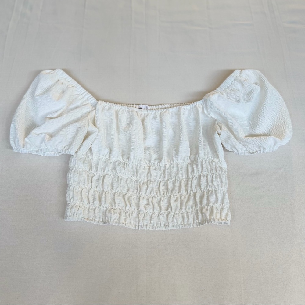 Elodie White‎ Smocked Puff Sleeve Crop Top Size Medium Cottagecore Boho